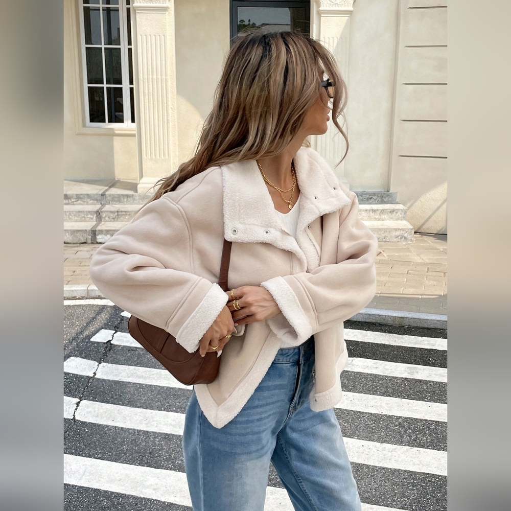 Winter Women Jacket Women's Loose Fit Zip-Up Collar Fleece Lined Casual Jacket F - Picture 6 of 6